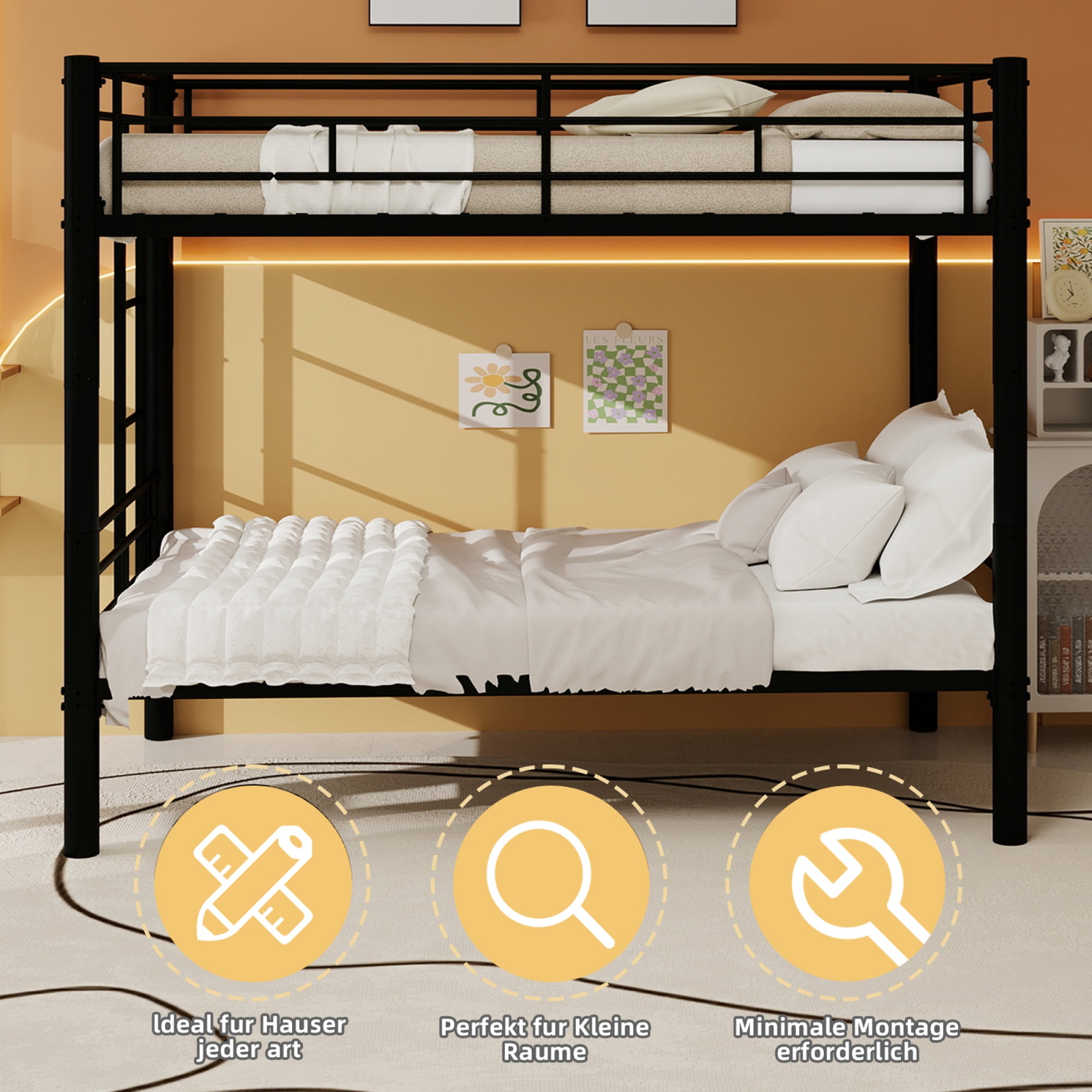 Twin over Twin Bunk Bed with Ladder and Safety Guardrails, Metal Bunk Bedframe for Kids Boys Girls, can be convertible into 2 Beds, No Spring Box Required