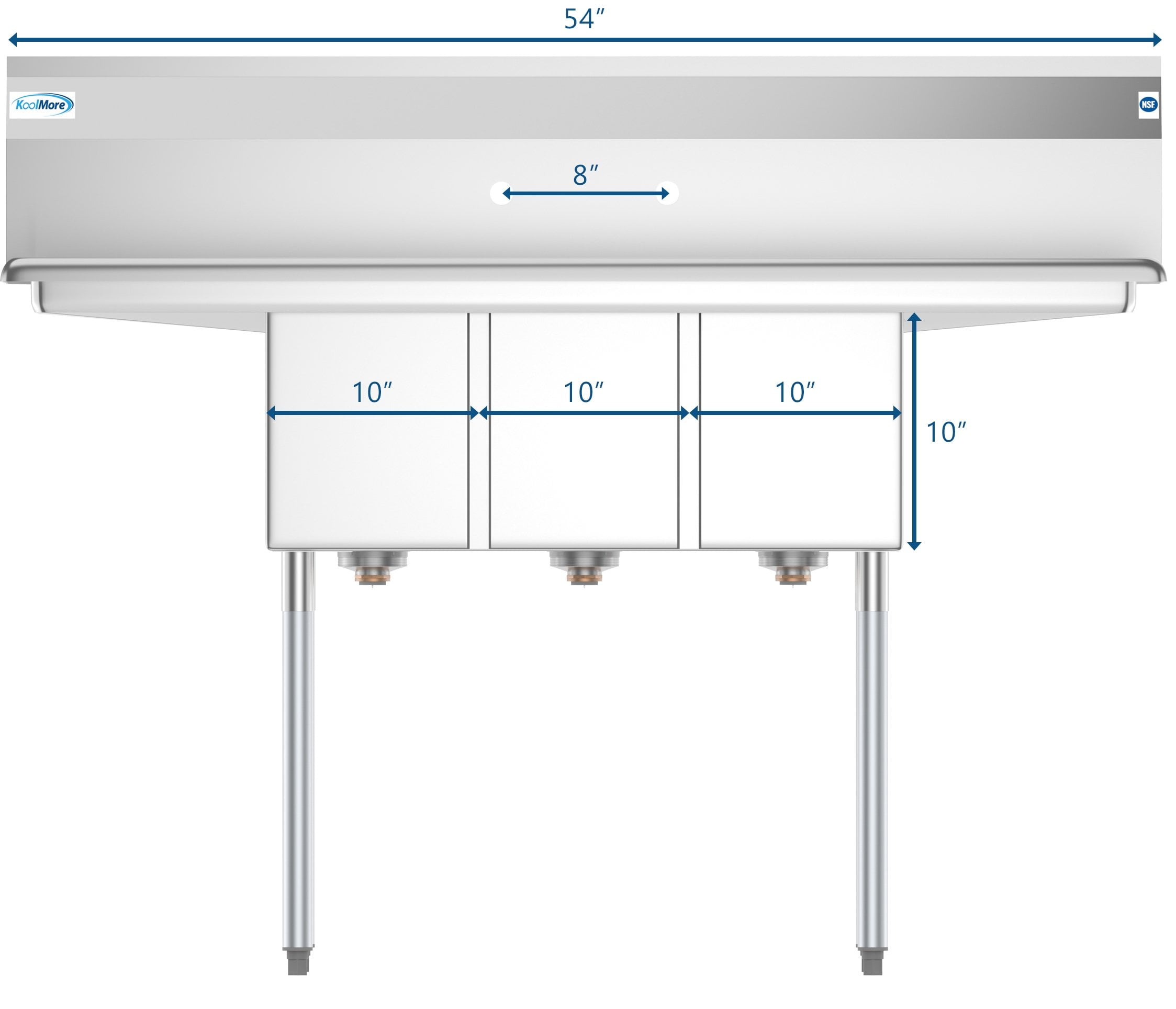 KoolMore 54 in. Three Compartment Stainless Steel Commercial Sink with Drainboards, Bowl Size 10"x 14"x 10"