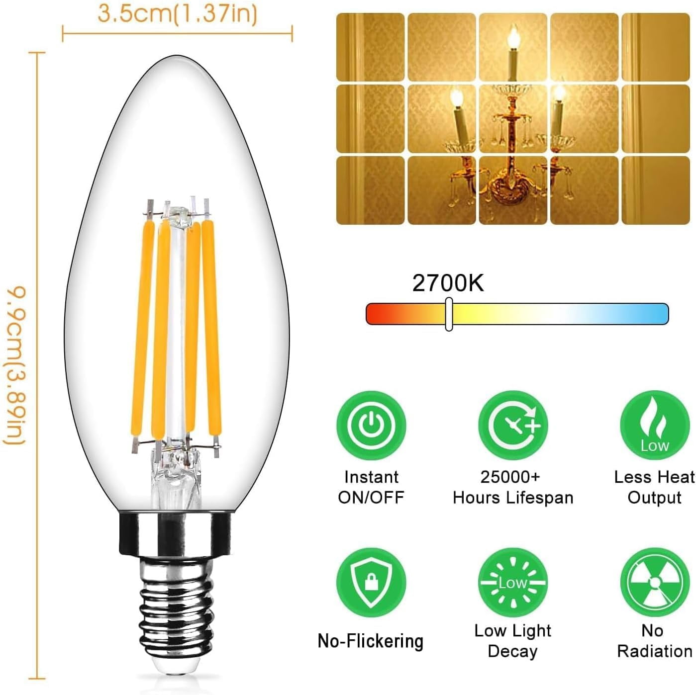 12-Pack Dimmable E12 LED Candelabra Bulbs 40Watt Equivalent, 2700K Warm White, 450Lumens, 4W B11 Vintage Chandelier Light Bulbs, LED Filament Clear Glass Candle Lamp for Ceiling Fan Home Decor1