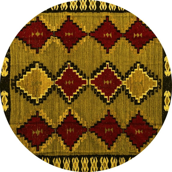 Ahgly Company Machine Washable Indoor Round Abstract Yellow Modern Area Rugs, 5' Round