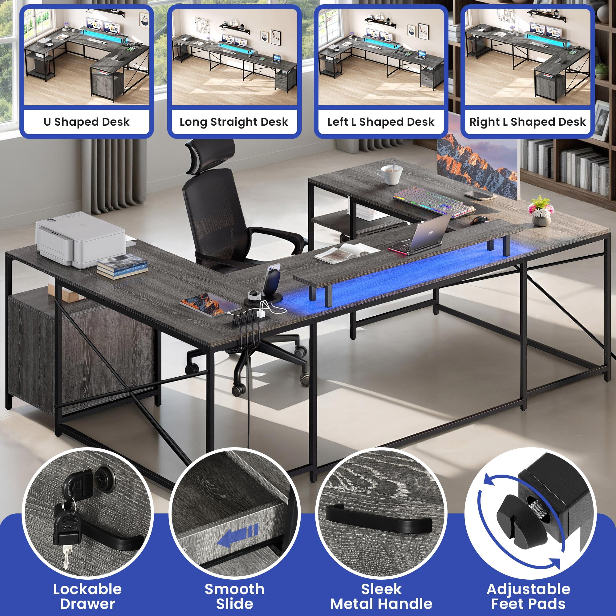 ModFusion Reversible U-Shaped Desk with Monitor Stand, Power Outlets & LED Lights, L-Shaped and Long Home Office Desk with Drawers - Gray