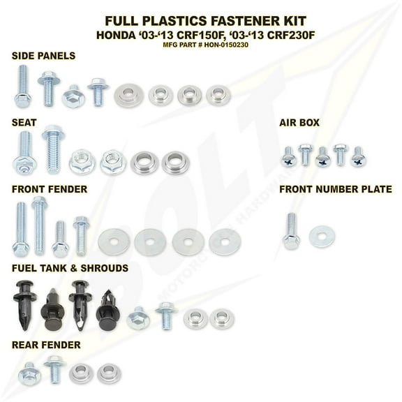 Bolt Full Plastics Fastener Kit For Honda CRF230F 2003-2009,2012-2017,2019