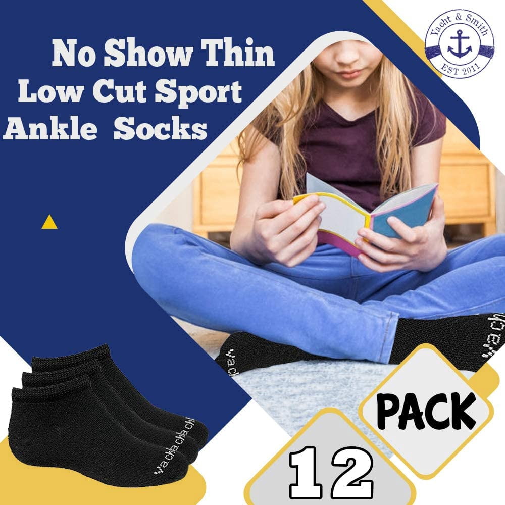 Yacht & Smith Wholesale Boys and Girls 97% Cotton Shoe Liner Training Socks Size 6-8, No Show Thin Low Cut Sport Ankle Socks (Black, 12)