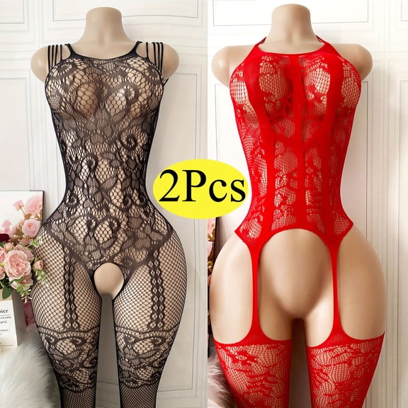 2 Pcs Womens Fishnet Bodystocking Plus Size Bodysuit Sexy Tights Soft Nightwear Lingerie