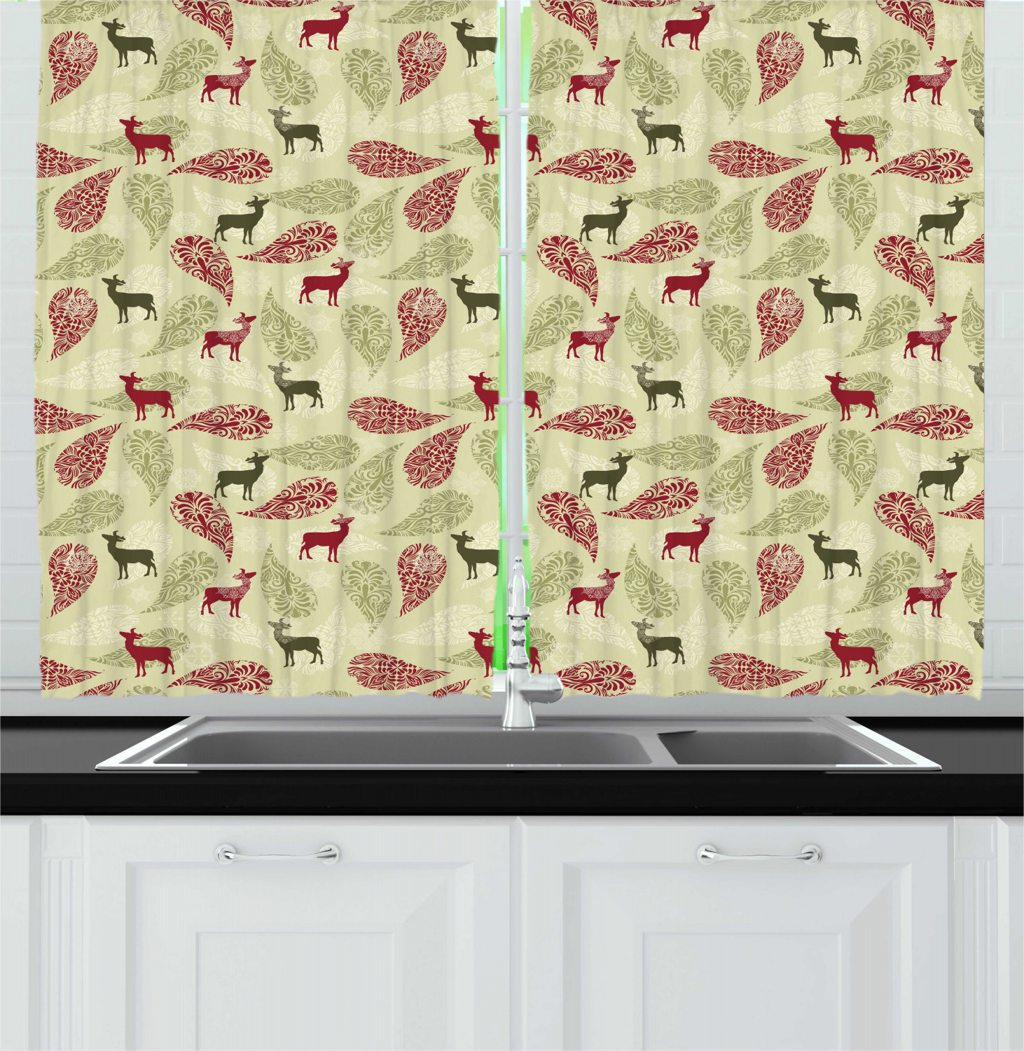 Deer Curtains 2 Panels Set, Ethnic Paisley Deer Ornate Tribal Swirled