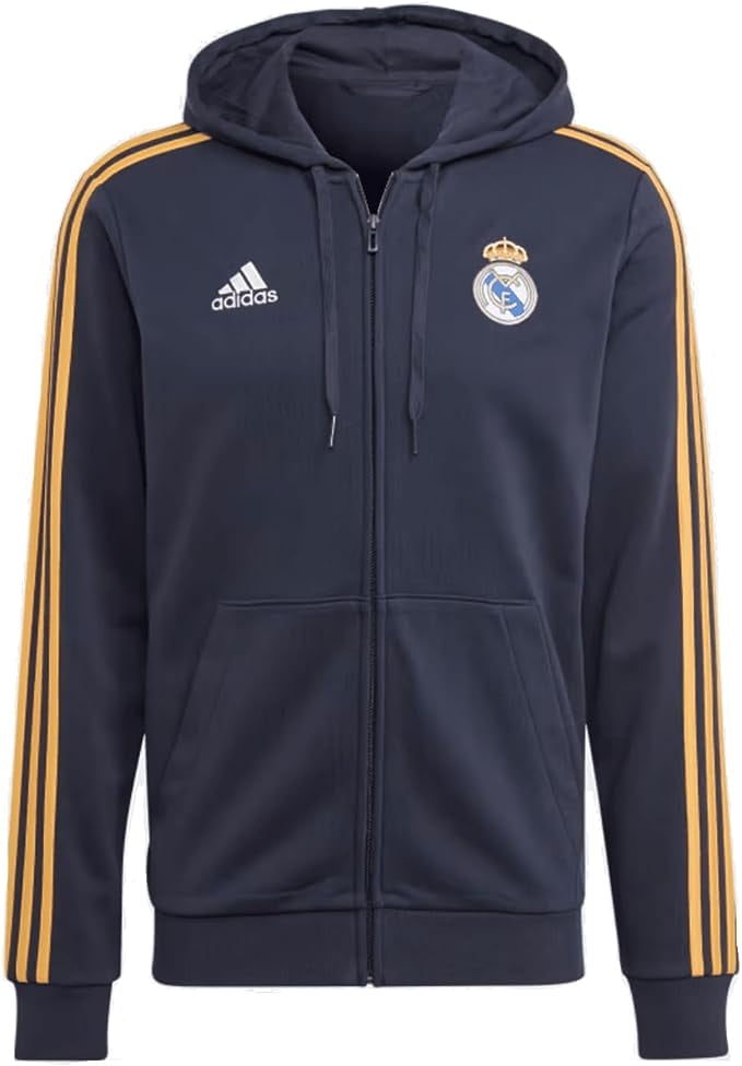 adidas Men's Soccer Real Madrid DNA Full Zip Hoodie 23/24 - Golden 3-Stripes, Soft French Terry Fabric- X-Large