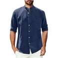 thumbnail image 2 of Men's Linen Shirt Long Sleeve Button Down Shirt Cotton Casual Shirt with Pocket Breathable Band Collar Shirt for Beach Vacation, 2 of 6