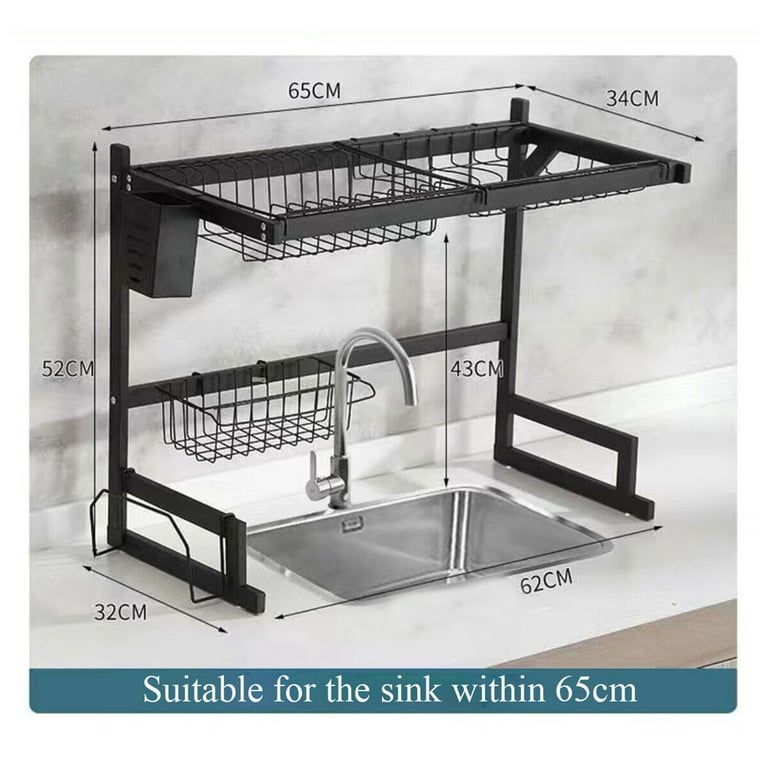 Kitchen Over the Sink Dish Drying Rack,201 Stainless Steel Dish Rack with  Utensil Holder Hooks & Cup Hanging-Non-Slip Dish Drying Rack with Stable  Bend Foot(2 Tier Black 26inch/34.2inch) 