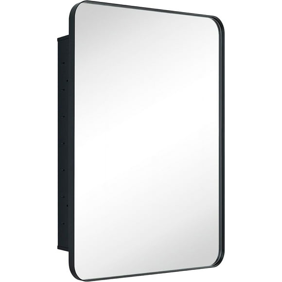 EGHOME Matt Black Rectangle Recessed Bathroom Medicine Cabinet with Mirror Stainless Steel Metal Framed Rounded Rectangular Bathroom Cabinet with Mirror 24x30''