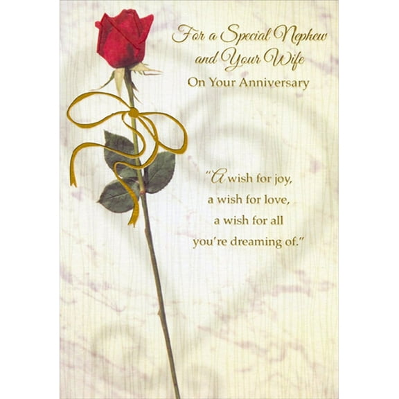 Designer Greetings Single Long Stemmed Red Rose with Gold Foil Ribbon Wedding Anniversary Congratulations Card for Nephew and Wife