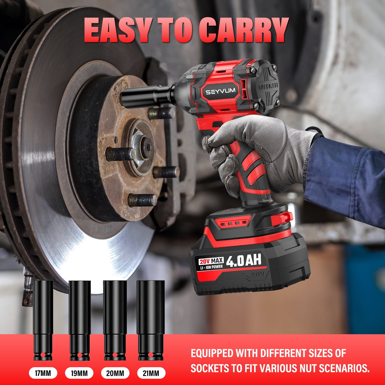 SEYVUM Cordless Impact Wrench, 20V Compact Brushless 1/2 Inch Impact Driver with 4.0Ah Lithium-Ion Battery and Fast Charger, 350 Ft-lbs(475 N.m) with 4 Pcs Sockets, Electric Impact Wrench for Car Hom