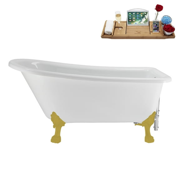 58" Streamline N4860BGL-CH Soaking Clawfoot Tub and Tray With External Drain in Polished Chrome and Brushed Gold Clawfeet