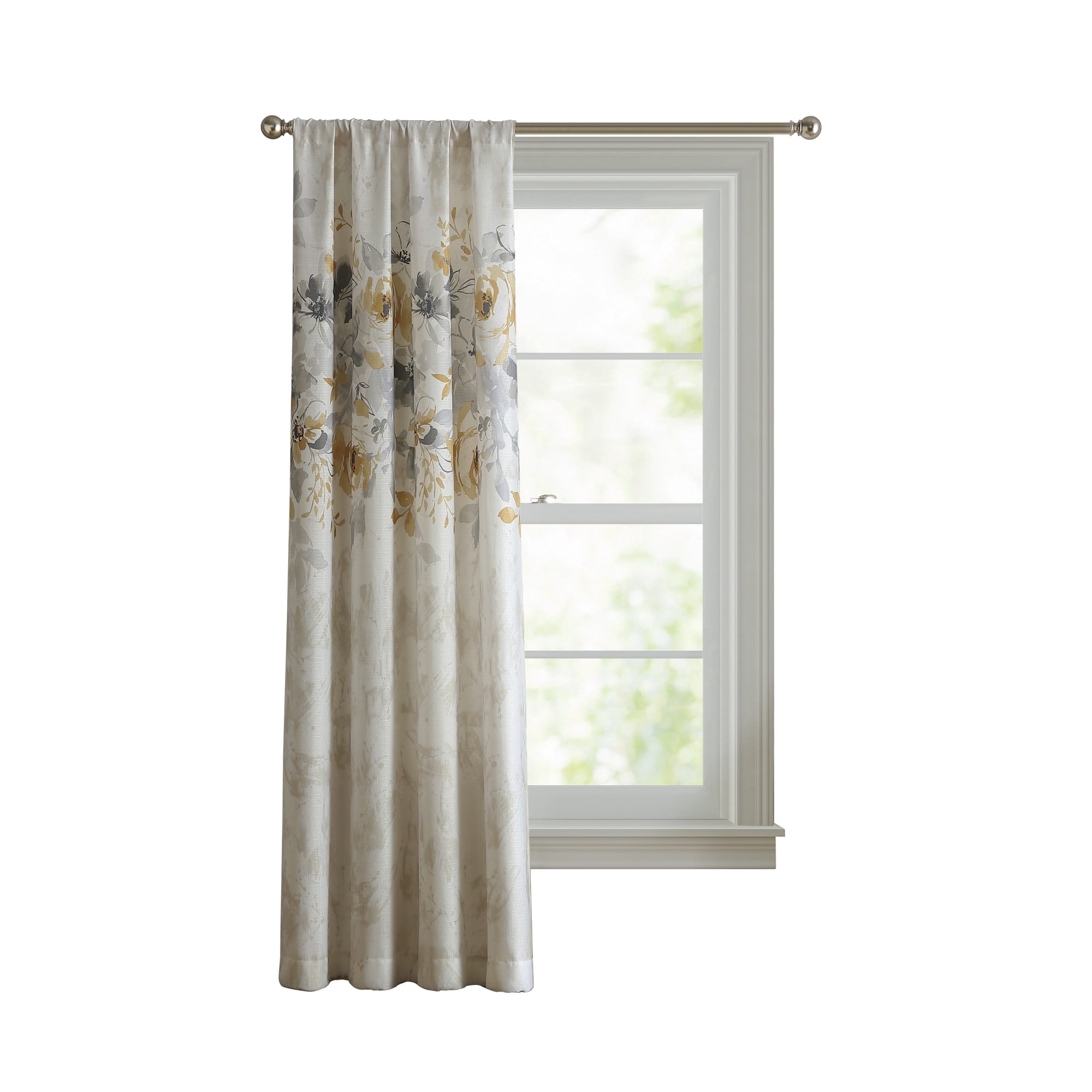 Curtainworks Watercolor Floral Poletop Curtain Panel, 63"L x 50"W, Gold, 100% Polyester, Adult, Indoor
