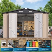 LazySunsets 10 x 12FT Shed Outdoor Storage Shed with Double Hinged Large Door, Large Metal Shed with Lockable Door & Sloped Roof for Garden, Backyard, Patio and Backyard, Brown