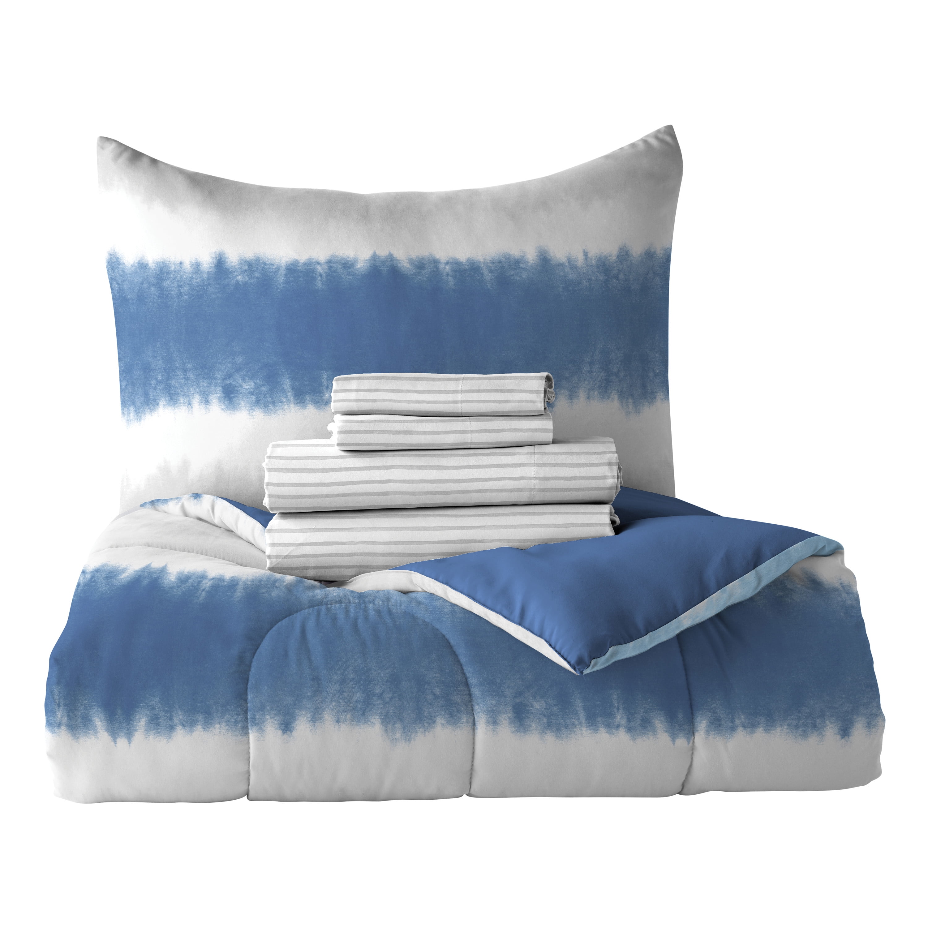 Dream Factory Tie Dye Stripe Twin 5 Piece Comforter Set, Polyester, Microfiber, Blue, Child, Unisex