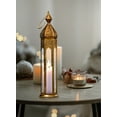 thumbnail image 4 of Serene Spaces Living Antique Golden Bronze Metal Lantern, Clear Glass Paneled Tealight Holder, Vintage Decorative Lantern for Dining Table, Wedding, Holiday, Event, Measures 3" Diameter * 13" Tall, 4 of 7