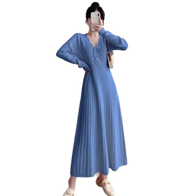 Qarigey Vestido Midi de punto con cuello en V para niñas, suéter cálido de cintura alta de Color sólido para fiesta, vacaciones, invierno, otoño, Vestidos Azul S Qarigey AP008203-07