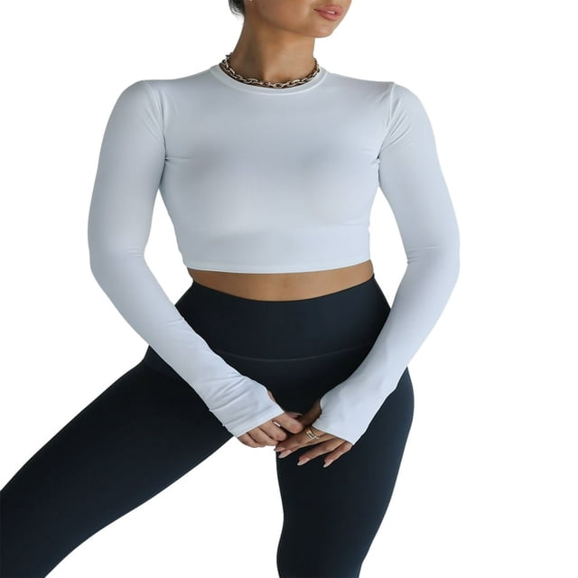 Ladies‘ Thumb Hole Long Sleeve Yoga Shirt with Cropped Design for Workouts