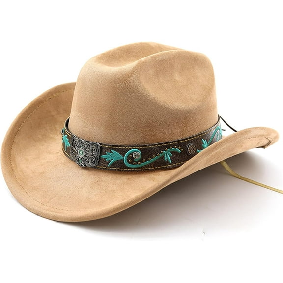Cowboy Hat for Women Men with Embroidery Belt Wide Brim Western Suede Hat for Cowboys and Cowgirls
