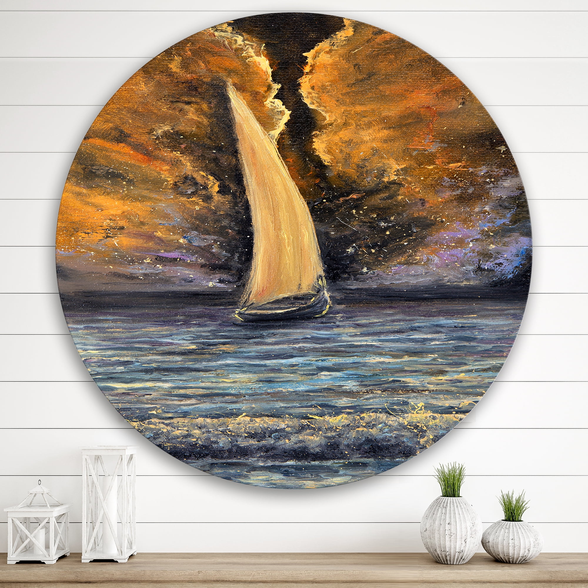Designart 'Sailship On The Ocean At Morning' Nautical & Coastal Circle Metal Wall Art 36x36 - Disc of 36