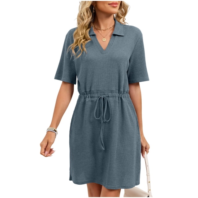 Camisetas de Manga Corta Casual de las Mujeres Color Sólido Cuello Turndown Casa Pijamas Cortos para Noches Especiales