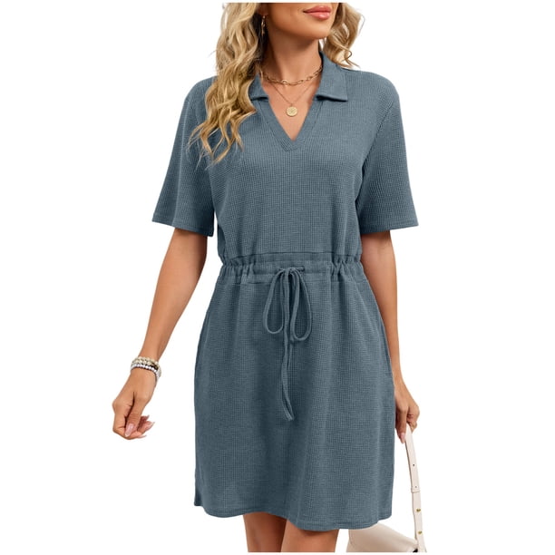 Camisetas de Manga Corta Casual de las Mujeres Color Sólido Cuello Turndown Casa Pijamas Cortos para Noches Especiales