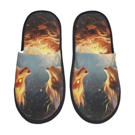 Balery Red And Gray Flame Fox Slient Indoor Furry Fleece Comfort House Shoes Soft Non-Slip Home Shoes Cotton slippers House Slippers-- Large