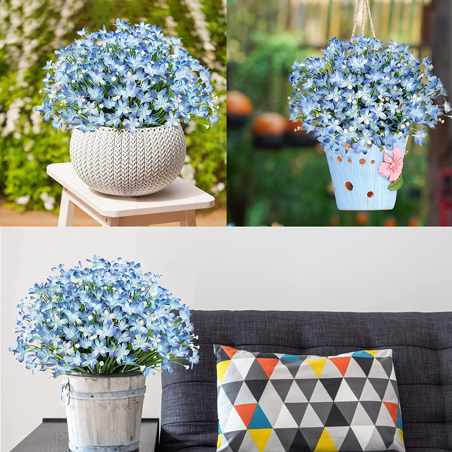 Artificial Flowers for Outdoors Daffodils Fake Flowers Plants UV Resistant Faux Greenery Plastic Shrubs for Garden Porch Window Box Wedding Home Decor, Blue