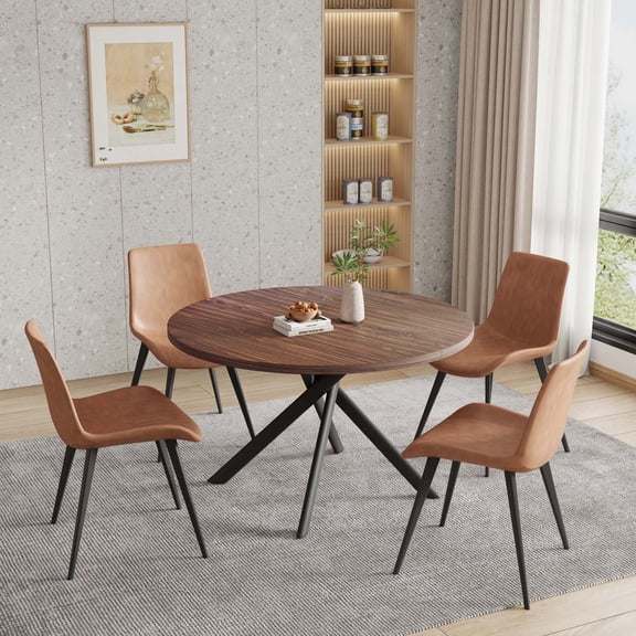 5-Piece Round Dining Table Set for 4, 45.3-Inch Mid-Century Modern Kitchen Table with 4 Brown Upholstered Chairs, Walnut Brown