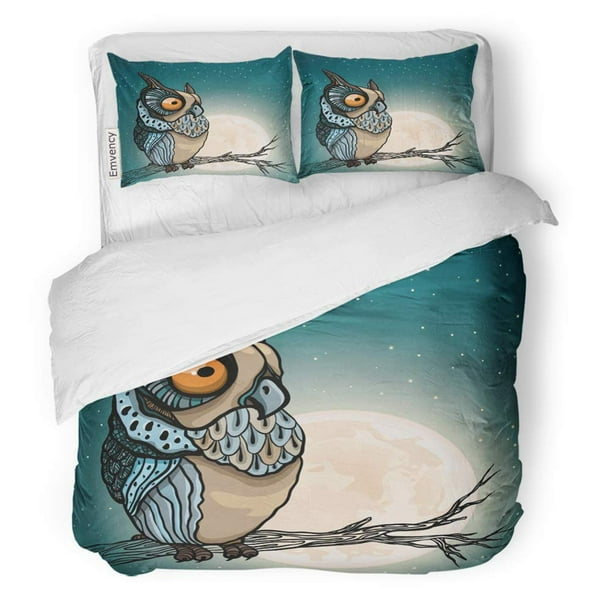 Kxmdxa 3 Piece Bedding Set Brown Star Cartoon Owl Sitting On Branch In The Night Starry Cartoon Owl Sitting On Branch, Brown Owl Bedding