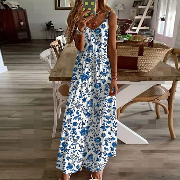 Wowcloth Women's Casual Floral Printed Sleeveless Dress for Women V Neck Flowy Party Midi Dresses