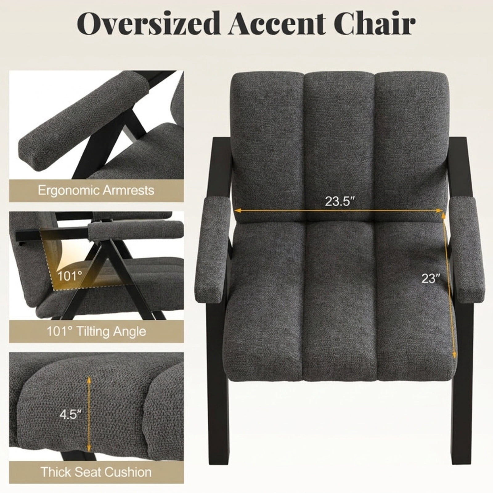 Furnibear Oversized Accent Chair with Powder Coated Metal Frame Contoured Backrest and Washable Armrest Cover for Living Room and Office, Gray