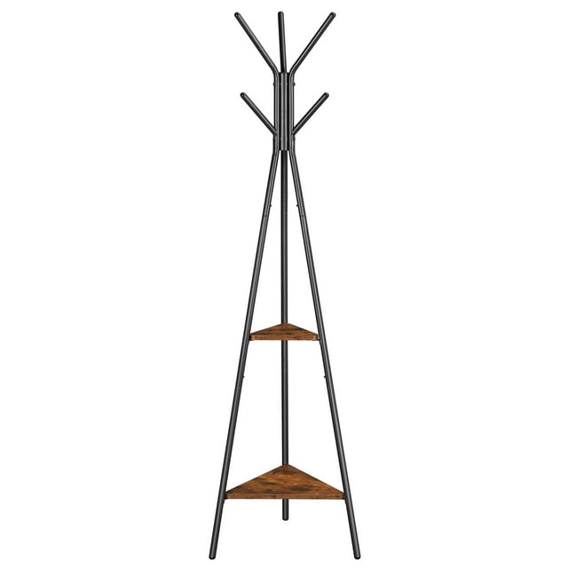 Perchero no empotrado, con 2 estantes, para ropa, sombrero, bolso, estilo industrial, café rústico y negro