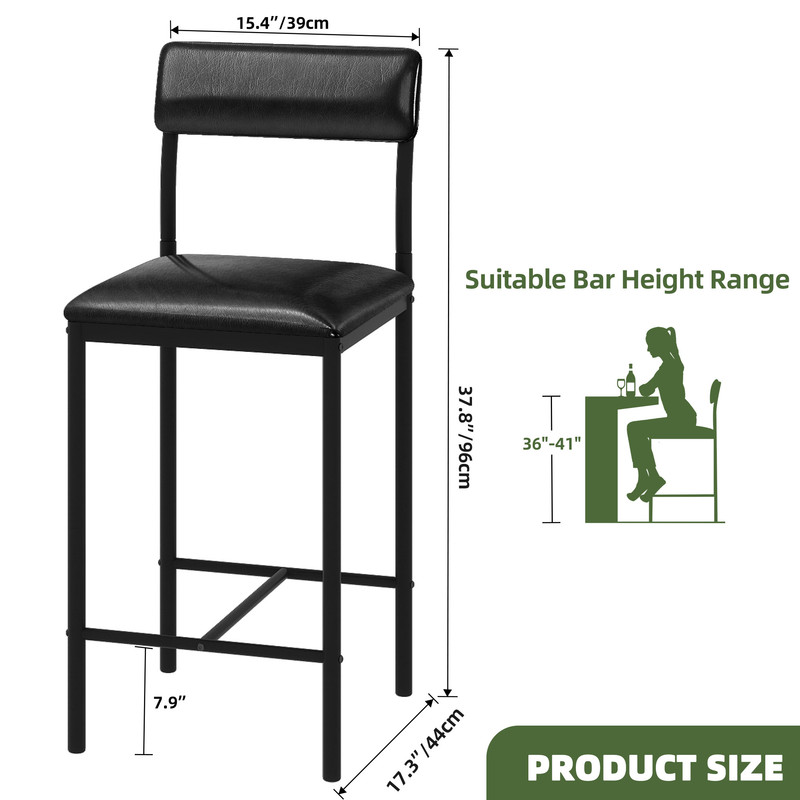 Uforic Bar Stools Set of 2, Counter Height Bar Stools , PU Upholstered Breakfast Bar Stools Kitchen Barstools, Dining Room Chairs Bar Chairs with Back for Kitchen Island, Apartment, Black