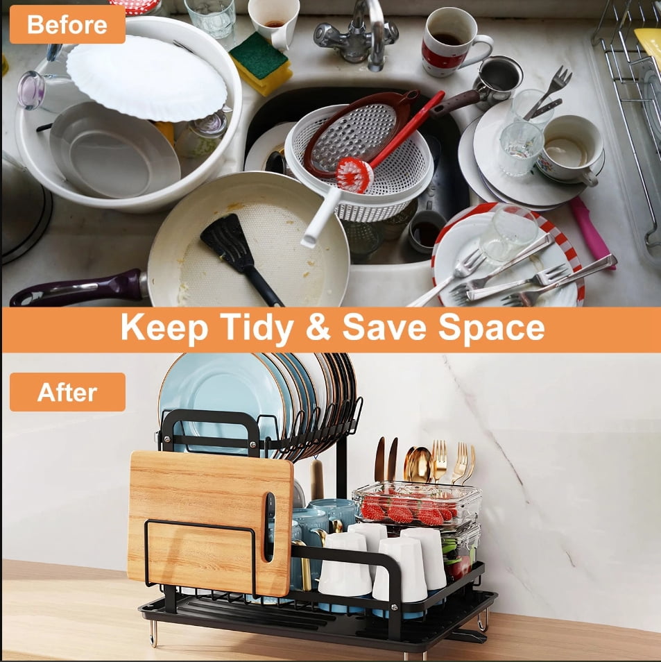 Dish Drying Rack for Kitchen Counter Space Saving Rustproof Dish Rack with Drainboard Detachable Kitchen Drainer Organizer Set