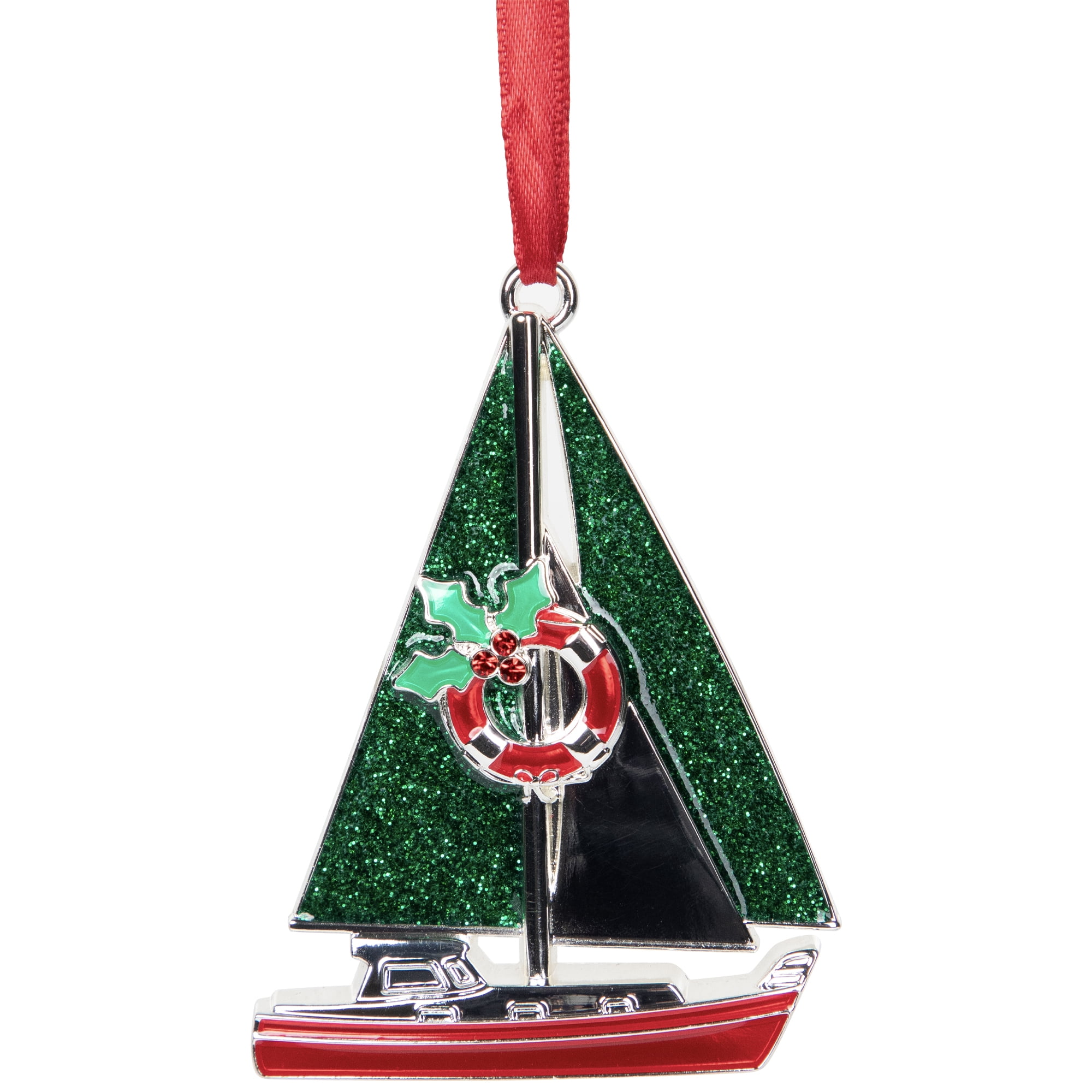 Sailboat with Holly Life Preserver Christmas Ornament - 3.25"