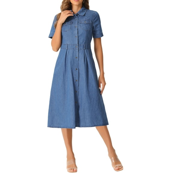 INSPIRE CHIC Women's Denim Dress Short Sleeves Turndown Collar A-Line Button Up Jean Midi Dresses XS Blue