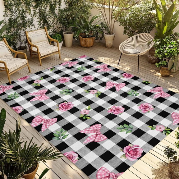 Valentine's Day Outdoor Rug 6x9 Ft - Reversible Patio Rug Outdoor Camping Rugs, Spring Roses Pink Bows Black White Plaid Indoor Outdoor Area Rugs, Non-Slip Outdoor Carpet Runner for Deck/Porch