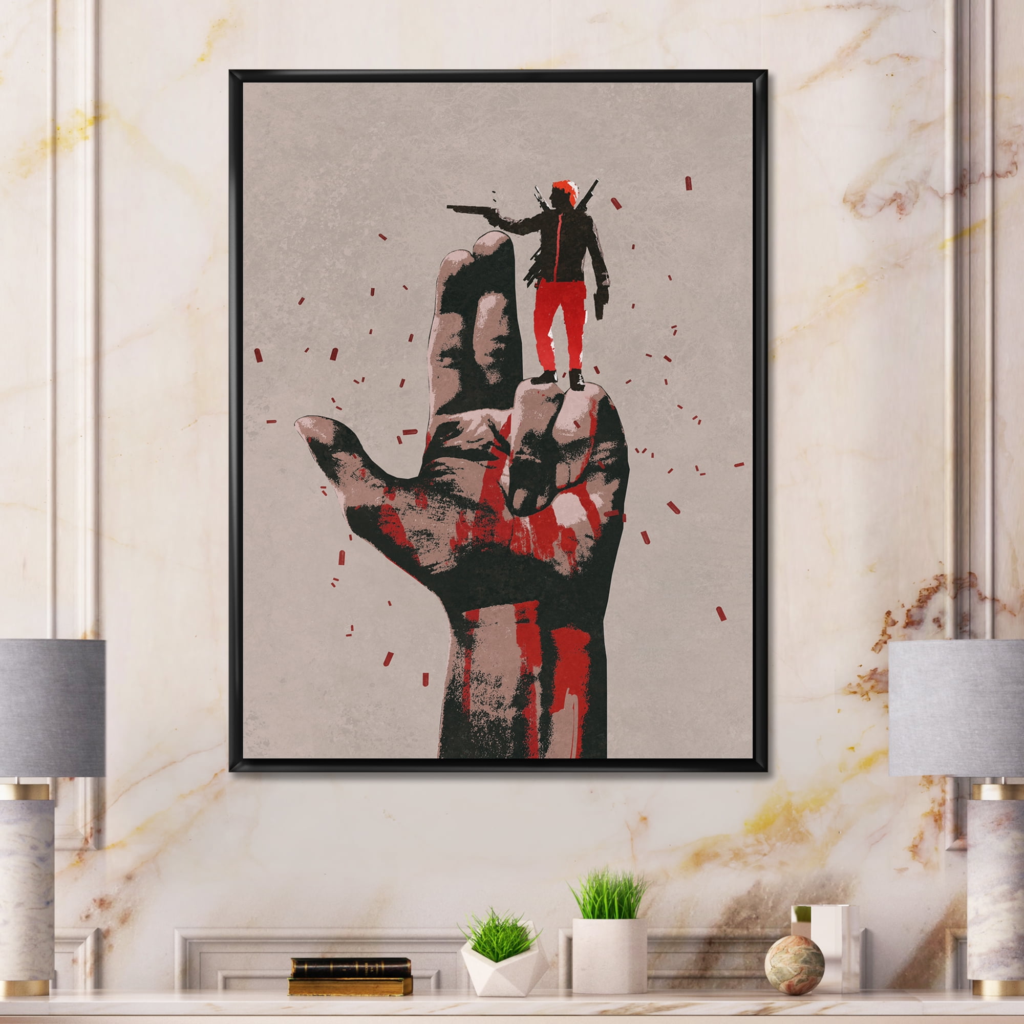 Designart 'Gun Hand Sign With Man Shooting Gun' Modern Framed Canvas Wall Art Print