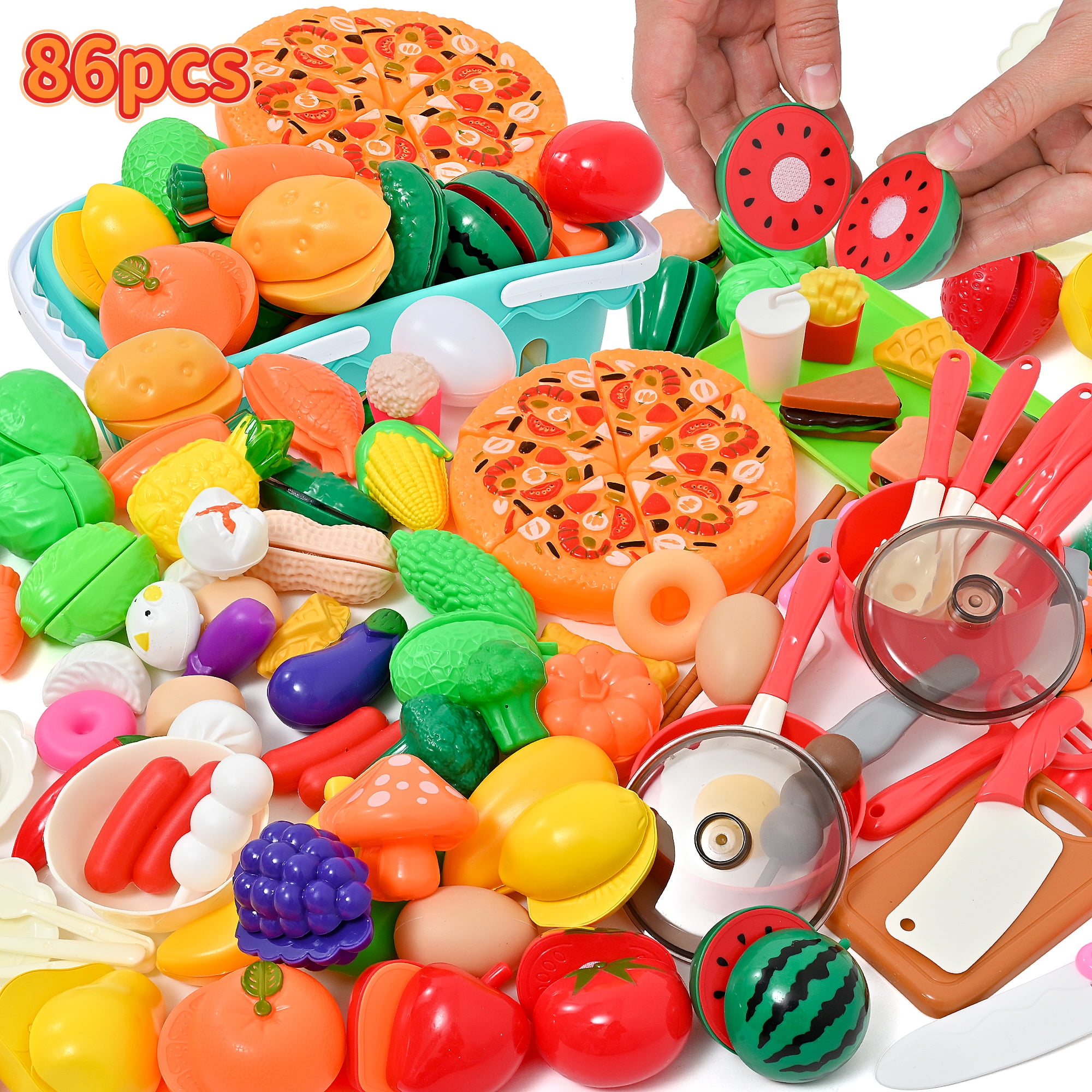 Play Food Sets -Play Kitchen Accessories Toy Food for Toddler, Fake Food Toys with Foldable Fruit Basket, Pretend Food for Boys & Girls