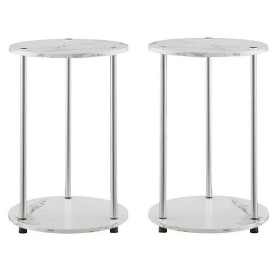 Home Square Two-Tier Round End Table in White Faux Marble - Set of 2
