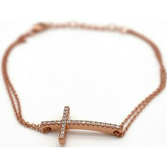Sterling Silver Rose Gold Plated Clear Cubic Zirconia Cross Bracelet