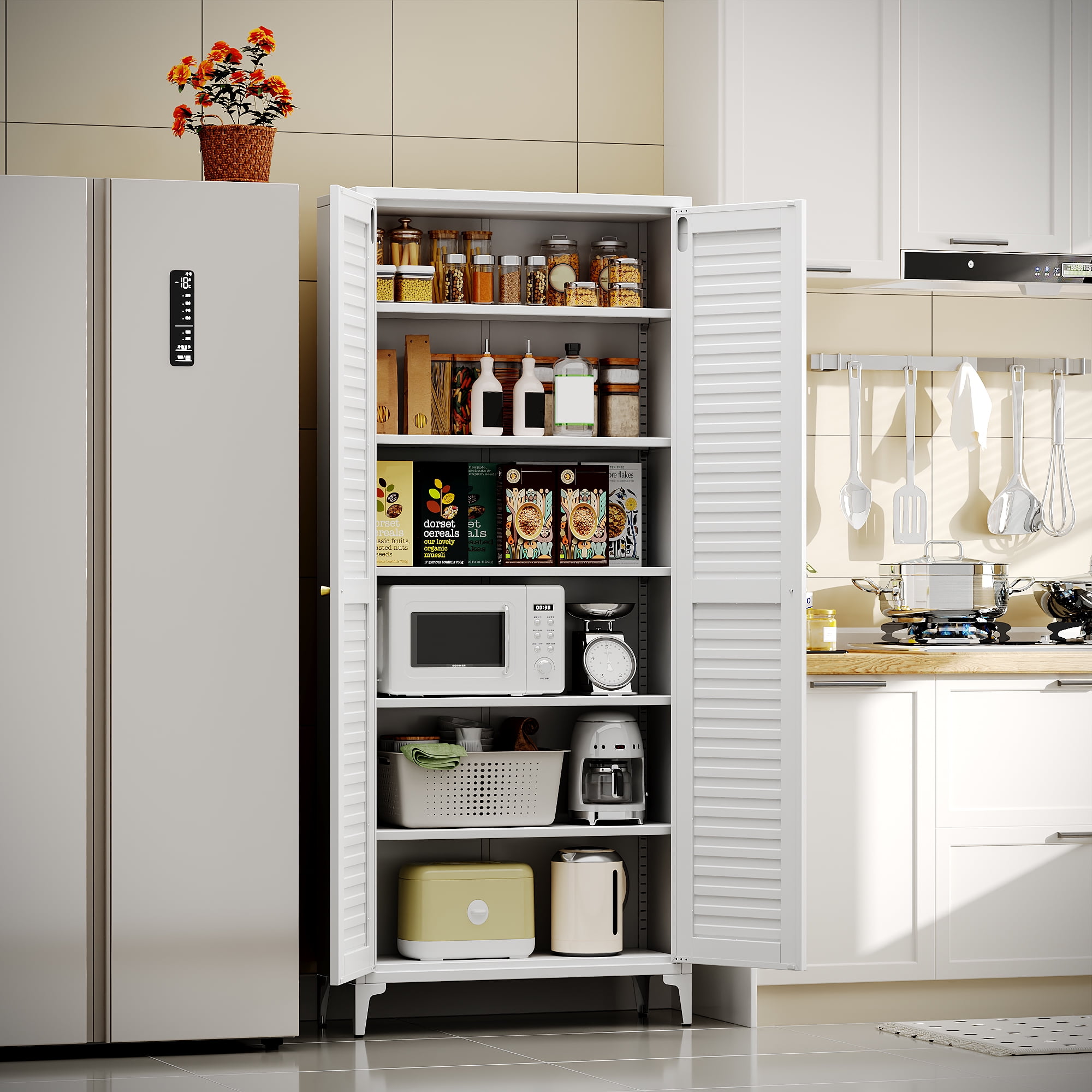 AOBABO Kitchen Pantry Storage Cabinet with 2 Doors,Metal Storage Cabinets with 5 Adjustable Shelves for Kitchen,White