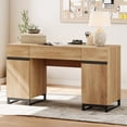 thumbnail image 1 of WAMPAT 59 inch Executive Desk, Modern Home Office Computer Desk with Drawers and Charging Station, Wooden Writing Workstation with File Cabinet Storage, Study Table for Work and Study, Oak, 1 of 10