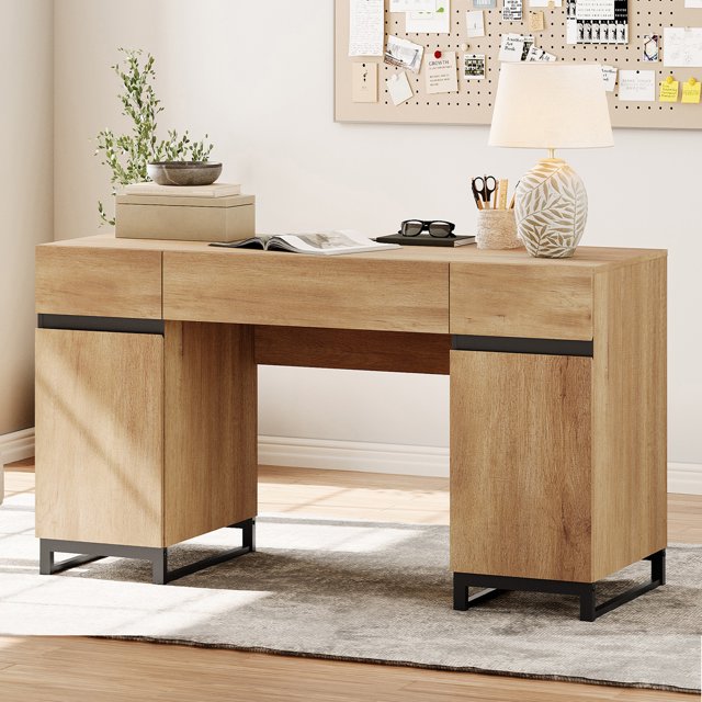 WAMPAT 59 inch Executive Desk, Modern Home Office Computer Desk with Drawers and Charging Station, Wooden Writing Workstation with File Cabinet Storage, Study Table for Work and Study, Oak