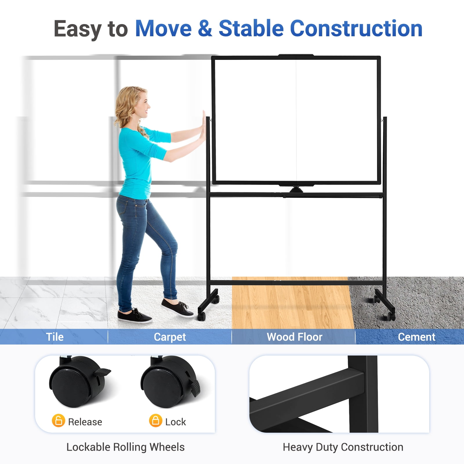 DOLLAR BOSS Rolling White Board Dry Erase Board Rolling 48"x36" Double Sided Large Standing Whiteboard Easel with Wheels Mobile White Board with Stand for Office, Classroom & Home, Black