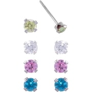 Brilliance Fine Girls' Sterling Silver Cubic Zirconia Stud Earrings Set with 3mm Stones, 4 Pieces