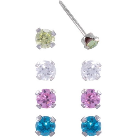 Brilliance Fine Girls' Sterling Silver Cubic Zirconia Stud Earrings Set with 3mm Stones, 4 Pieces