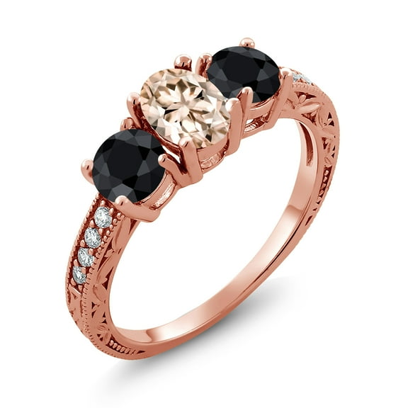 Gem Stone King 2.15 Ct Oval Peach Morganite Black Sapphire 18K Rose Gold Plated Silver Moissanite Ring (Size 8)