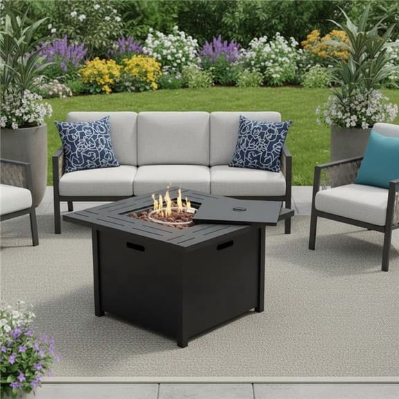 HomeRoots 714417 28 in. 50000 BTU Black Steel Propane Square Fire Pit Table with Cover